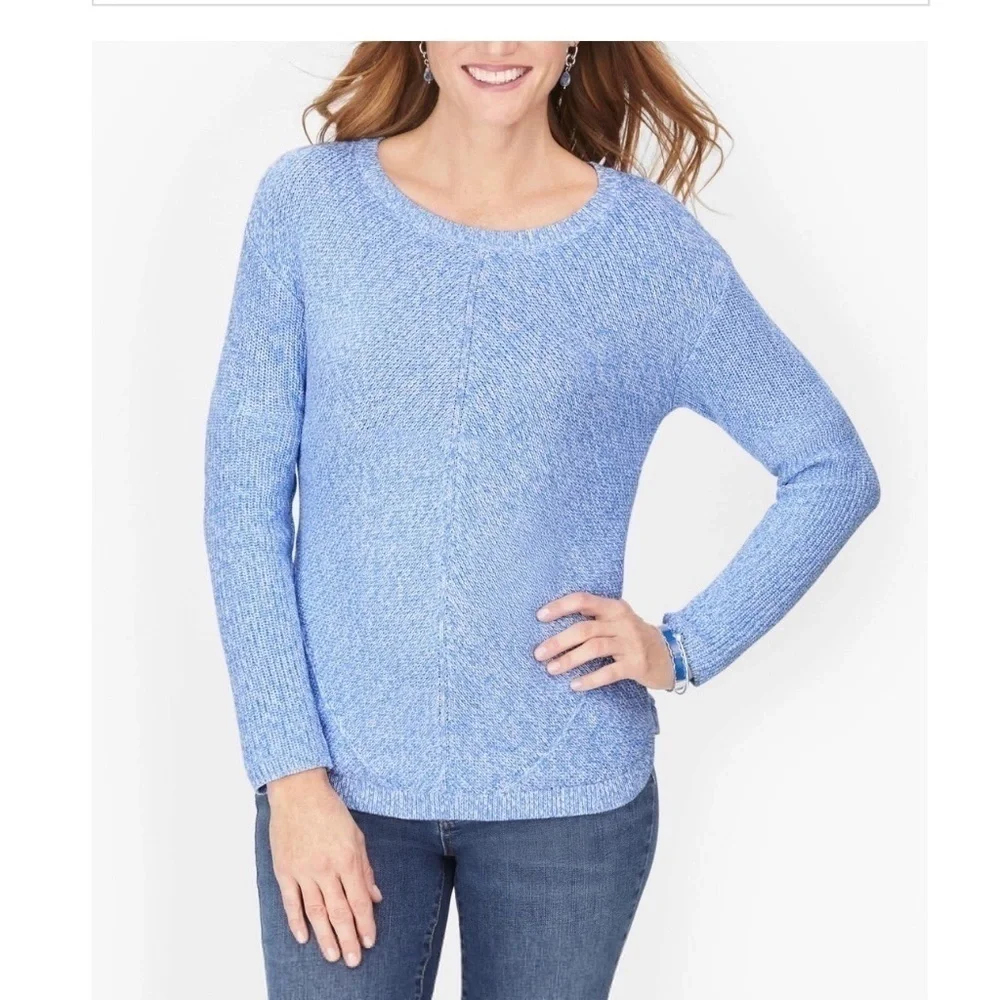Talbots Shaker Stitch Sweater Pima Cotton Marled Blue Crew Neck Size Small